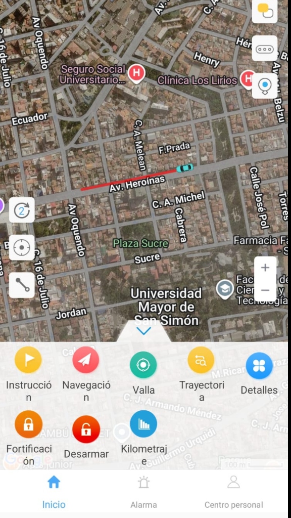 Rastreo en vivo de GeoVigilante en mapa satelital de Cochabamba Bolivia
