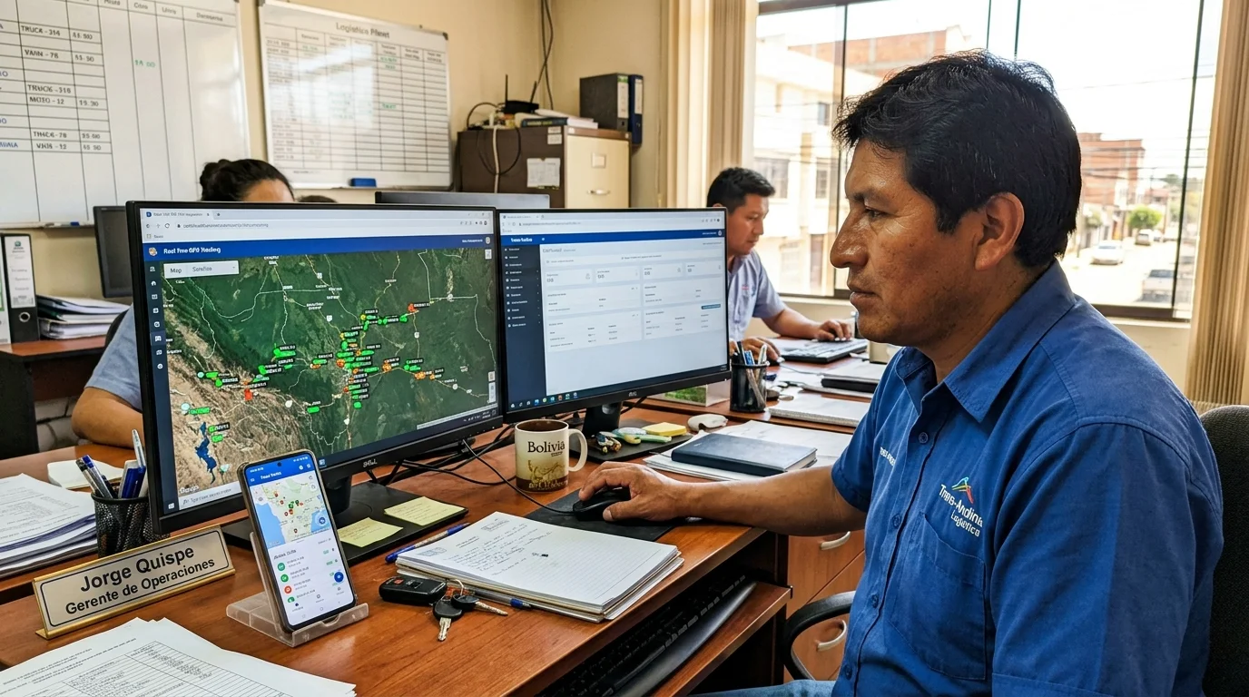 Sala de monitoreo de flotas y logistica en Bolivia