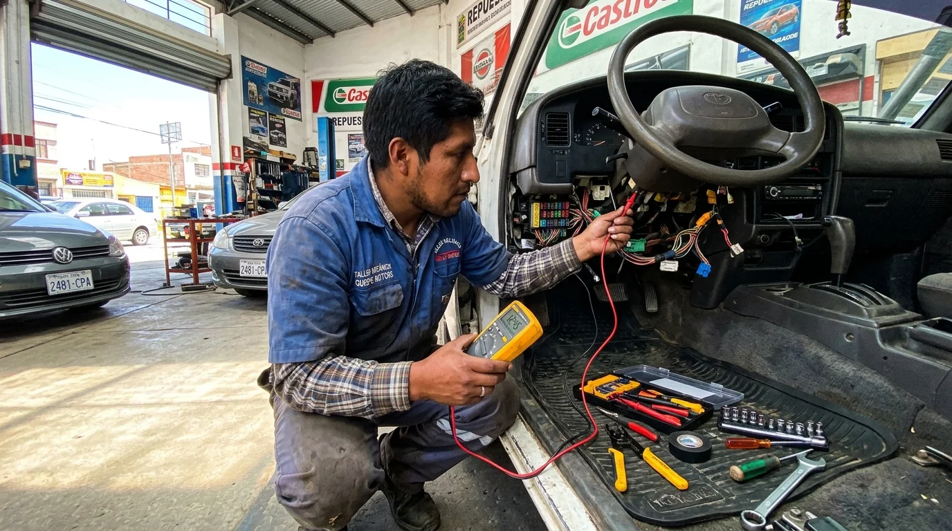 Electricista automotriz instalando GPS en taller mecánico Bolivia